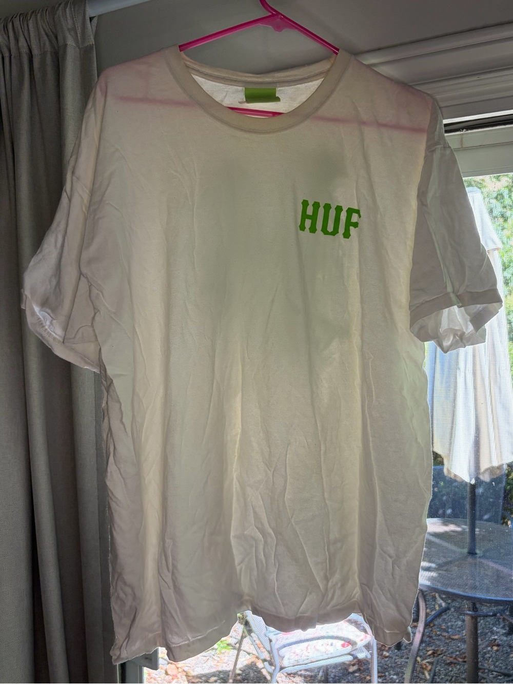 HUF White Short Sleeve Tee with Neon Green Chest Logo